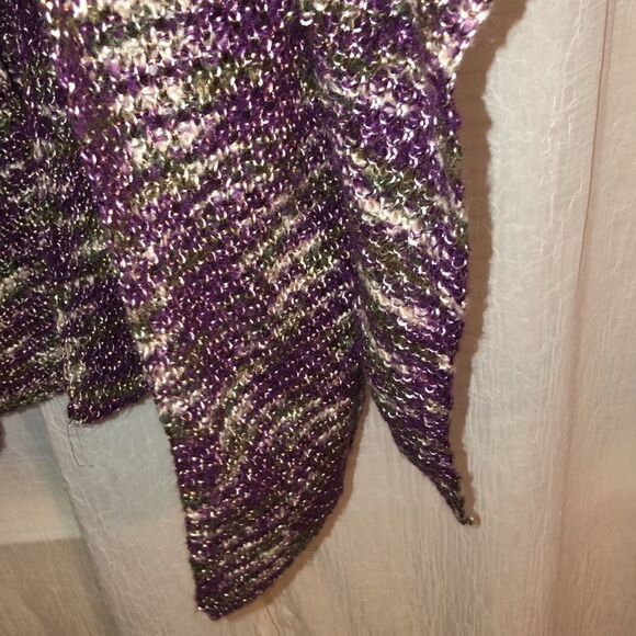 Avenue 1X-3X Knit Poncho Sweater with Patch Pockets in Purple Green Ivory - Picture 9 of 11